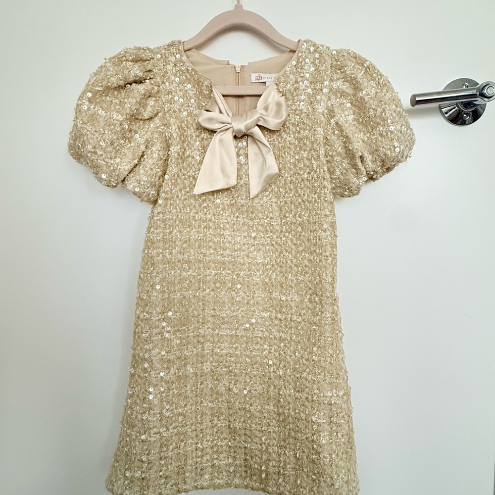 NWOT GB Girls Social Big Girls Sequined Tweed Bow Neck Dress size 6